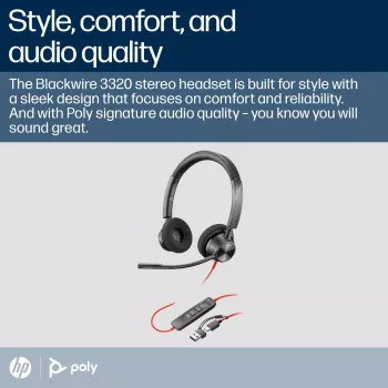 HP Poly Blackwire 3320 stereo Microsoft Teams -sertifioitu USB-C-kuulokemikrofoni + USB-C/A-sovitin