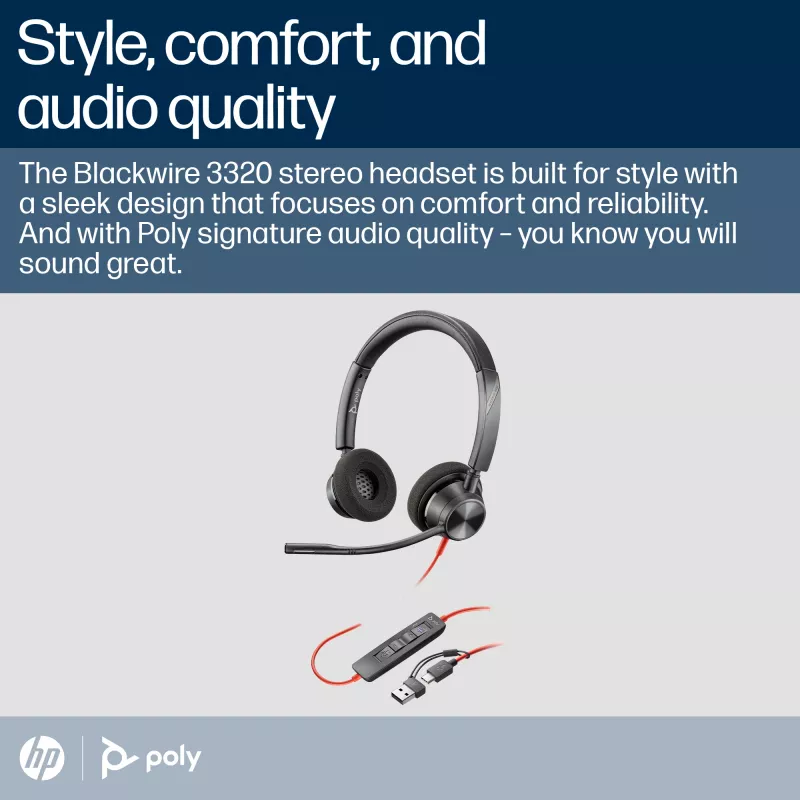 HP Poly Blackwire 3320 stereo Microsoft Teams -sertifioitu USB-C-kuulokemikrofoni + USB-C/A-sovitin
