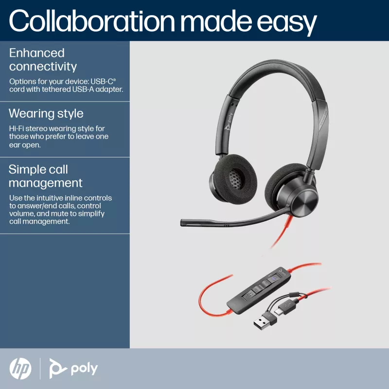 HP Poly Blackwire 3320 stereo Microsoft Teams -sertifioitu USB-C-kuulokemikrofoni + USB-C/A-sovitin
