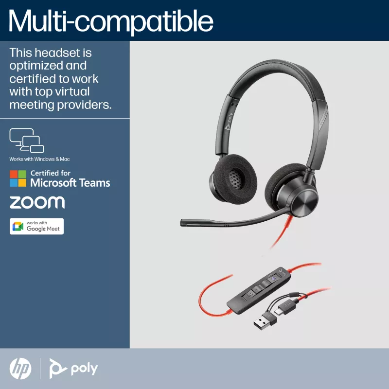 HP Poly Blackwire 3320 stereo Microsoft Teams -sertifioitu USB-C-kuulokemikrofoni + USB-C/A-sovitin