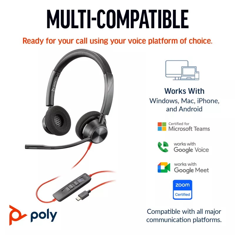 HP Poly Blackwire 3320 stereo Microsoft Teams -sertifioitu USB-C-kuulokemikrofoni + USB-C/A-sovitin