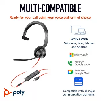 HP Poly Blackwire 3315 mono USB-C -kuulokemikrofoni + 3,5 mm liitin + USB-C/A-sovitin