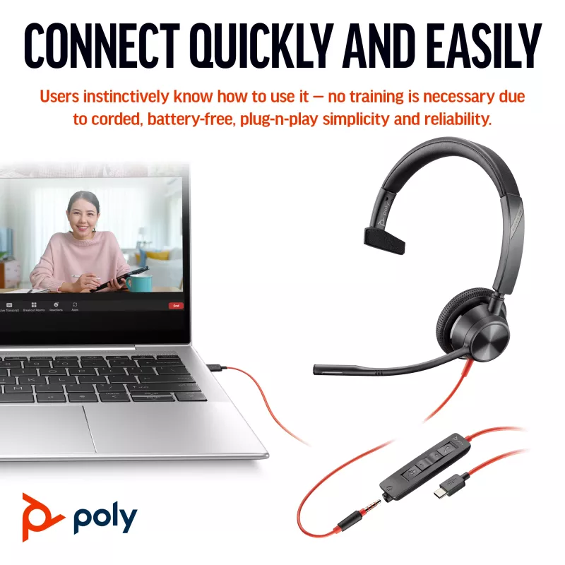 HP Poly Blackwire 3315 mono USB-C -kuulokemikrofoni + 3,5 mm liitin + USB-C/A-sovitin