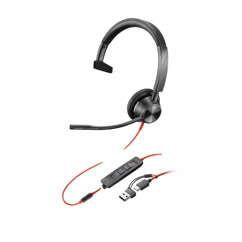 HP Poly Blackwire 3315 mono USB-C -kuulokemikrofoni + 3,5 mm liitin + USB-C/A-sovitin