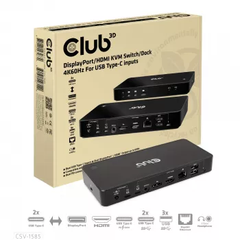 CLUB3D DisplayPort/HDMI KVM-kytkin/telakka 4K60Hz USB Type-C-tuloille