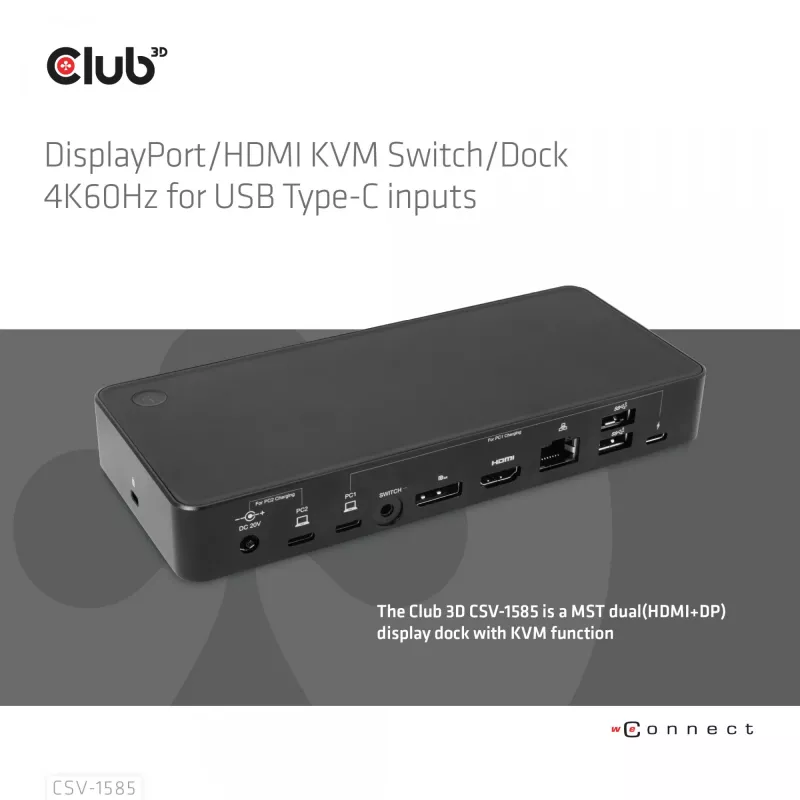 CLUB3D DisplayPort/HDMI KVM-kytkin/telakka 4K60Hz USB Type-C-tuloille