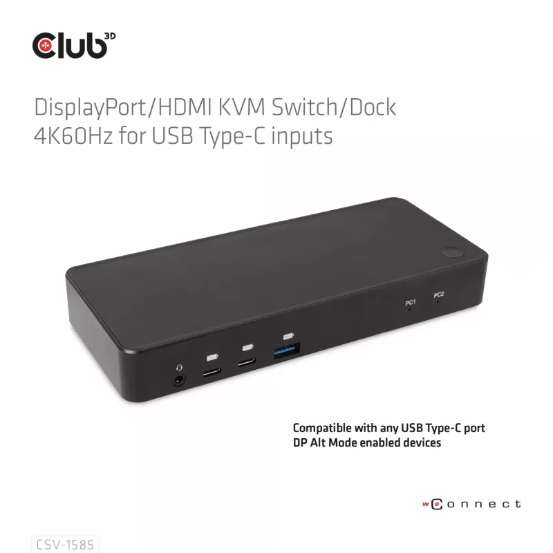 CLUB3D DisplayPort/HDMI KVM-kytkin/telakka 4K60Hz USB Type-C-tuloille