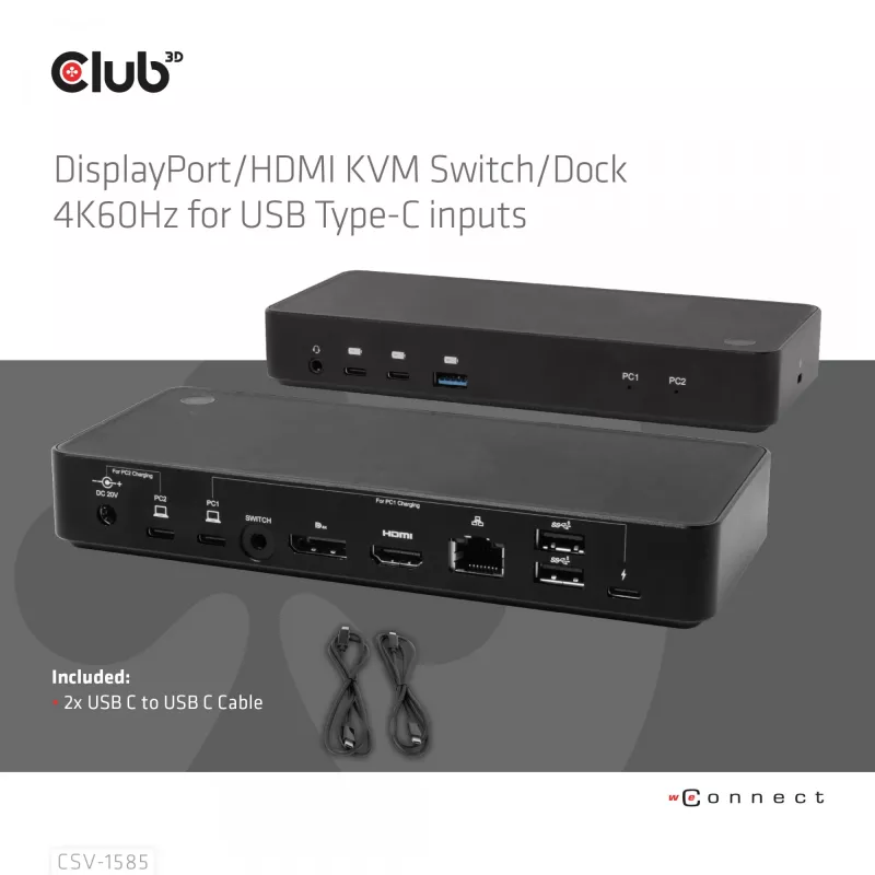 CLUB3D DisplayPort/HDMI KVM-kytkin/telakka 4K60Hz USB Type-C-tuloille
