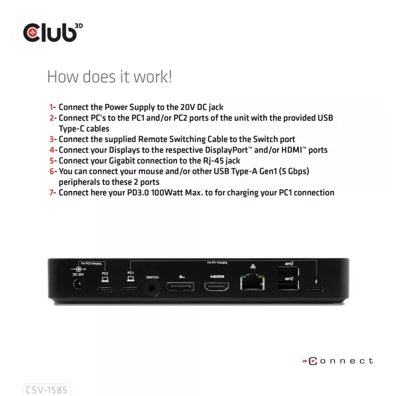 CLUB3D DisplayPort/HDMI KVM-kytkin/telakka 4K60Hz USB Type-C-tuloille