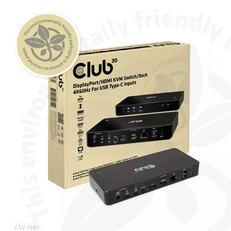 CLUB3D DisplayPort/HDMI KVM-kytkin/telakka 4K60Hz USB Type-C-tuloille