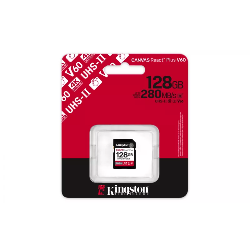 Kingston Technology 128 GB Canvas React Plus SDXC UHS-II 280R/100W U3 V60 Full HD/4K