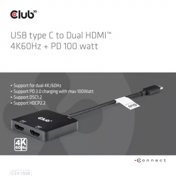 CLUB3D USB-C® -keskitin kahteen HDMI™ 4K60Hz M/F+PD3.0 100 W