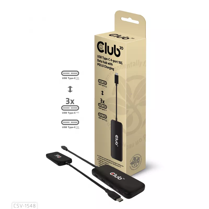 Club3D CSV-1548 USB-C-keskitin, 4x USB-C 10 Gbps, 100W PD, musta