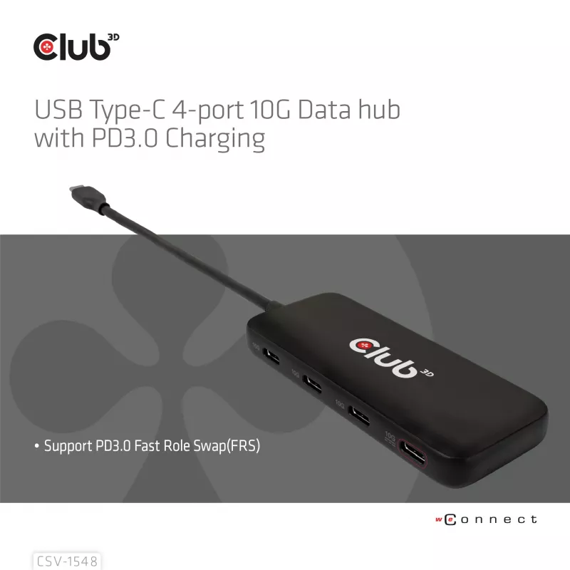 Club3D CSV-1548 USB-C-keskitin, 4x USB-C 10 Gbps, 100W PD, musta