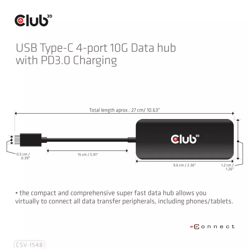 Club3D CSV-1548 USB-C-keskitin, 4x USB-C 10 Gbps, 100W PD, musta