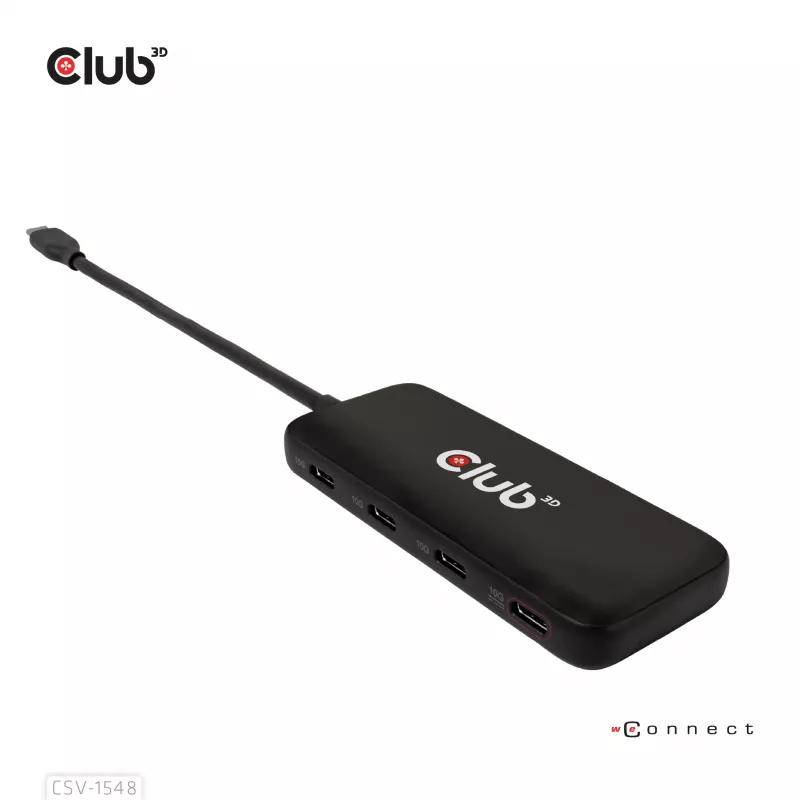 Club3D CSV-1548 USB-C-keskitin, 4x USB-C 10 Gbps, 100W PD, musta