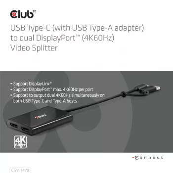 Videosplitter Club 3D CSV-1478 USB Type-C (USB-A-sovittimella) kahteen DisplayPort 4K60Hz, musta