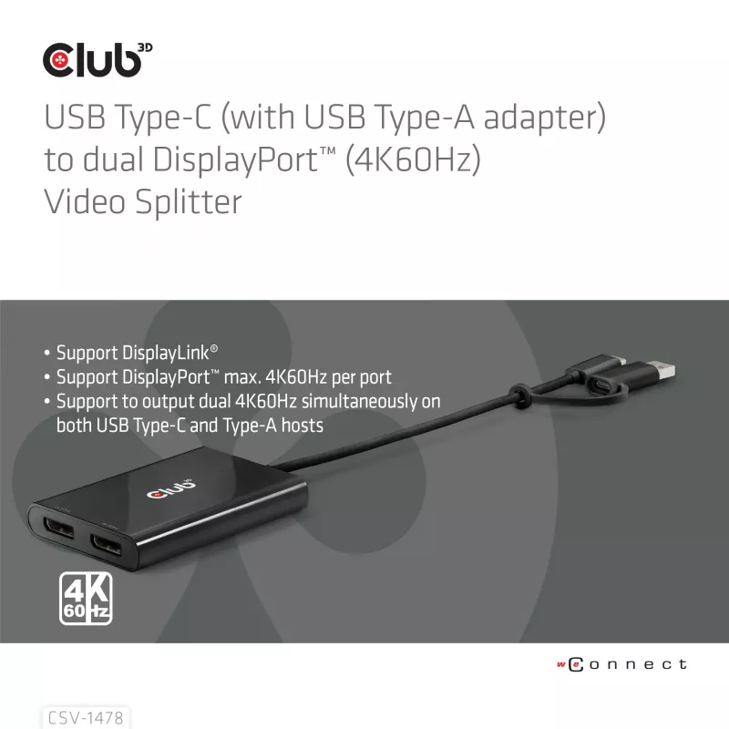 Videosplitter Club 3D CSV-1478 USB Type-C (USB-A-sovittimella) kahteen DisplayPort 4K60Hz, musta