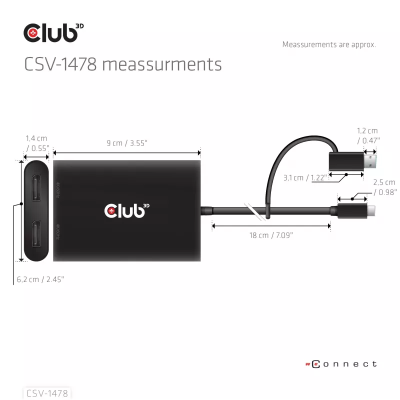 Videosplitter Club 3D CSV-1478 USB Type-C (USB-A-sovittimella) kahteen DisplayPort 4K60Hz, musta