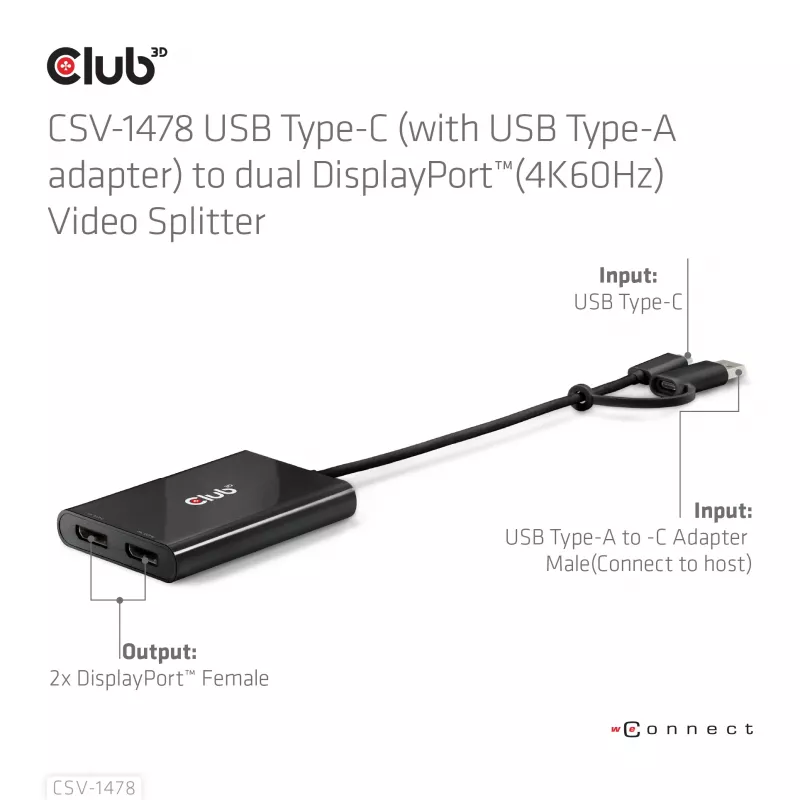 Videosplitter Club 3D CSV-1478 USB Type-C (USB-A-sovittimella) kahteen DisplayPort 4K60Hz, musta