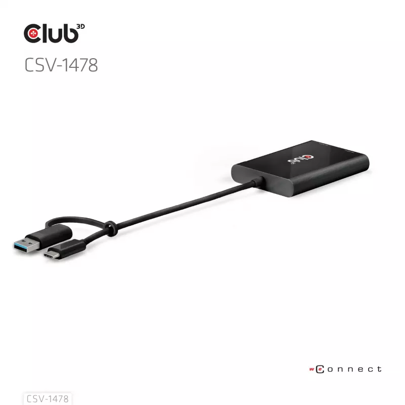 Videosplitter Club 3D CSV-1478 USB Type-C (USB-A-sovittimella) kahteen DisplayPort 4K60Hz, musta