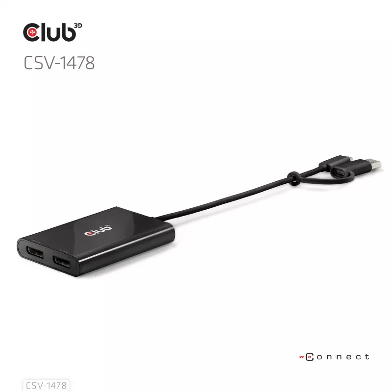 Videosplitter Club 3D CSV-1478 USB Type-C (USB-A-sovittimella) kahteen DisplayPort 4K60Hz, musta