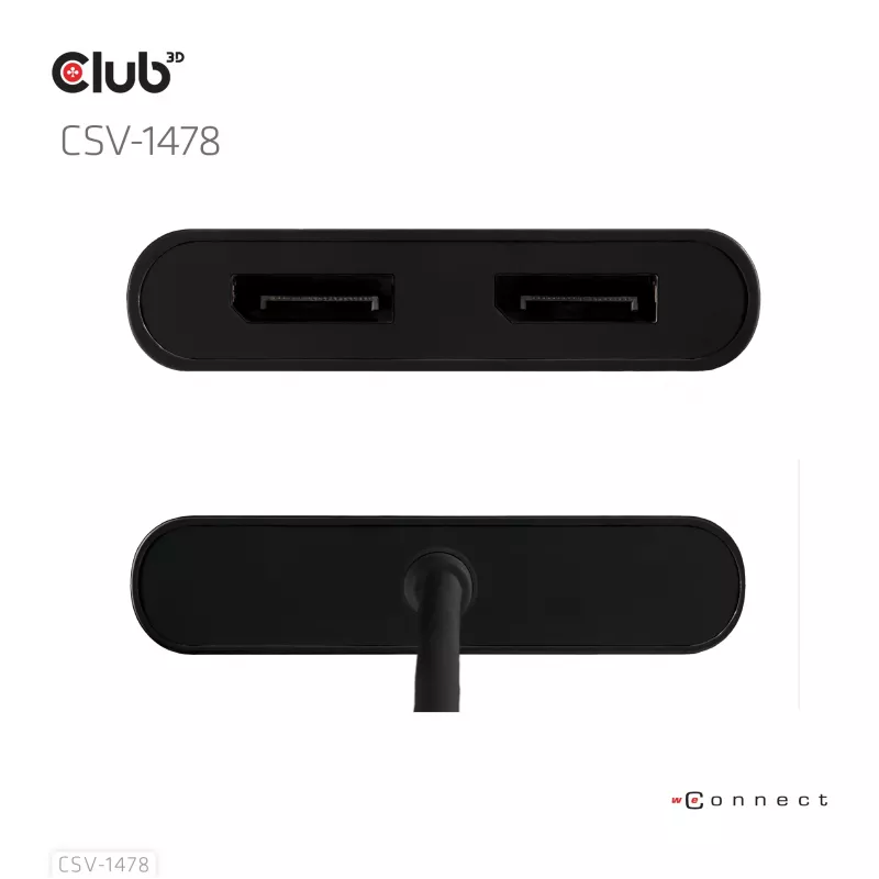 Videosplitter Club 3D CSV-1478 USB Type-C (USB-A-sovittimella) kahteen DisplayPort 4K60Hz, musta