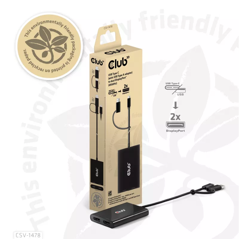 Videosplitter Club 3D CSV-1478 USB Type-C (USB-A-sovittimella) kahteen DisplayPort 4K60Hz, musta