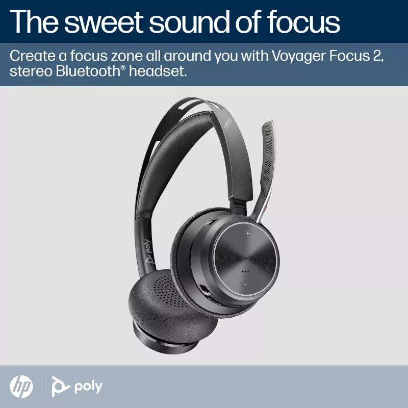 HP Poly Voyager Focus 2 Microsoft Teams Certified USB-C-C -kuulokemikrofoni +USB-C/A-sovitin +latausteline