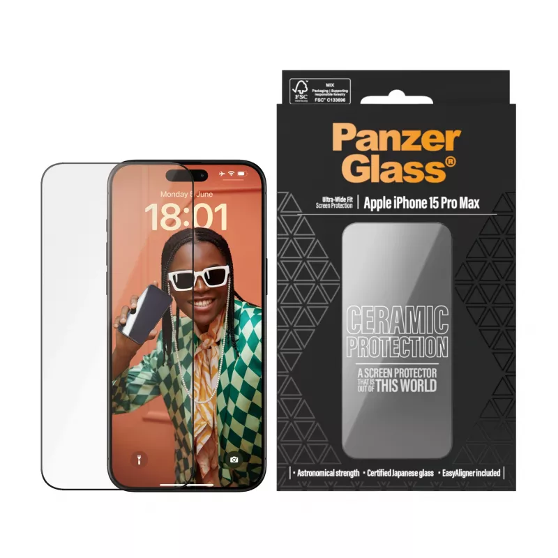 PanzerGlass ® Ceramic Protection iPhone 15 Pro Max | Ultra-Wide Fit EasyAlignerilla