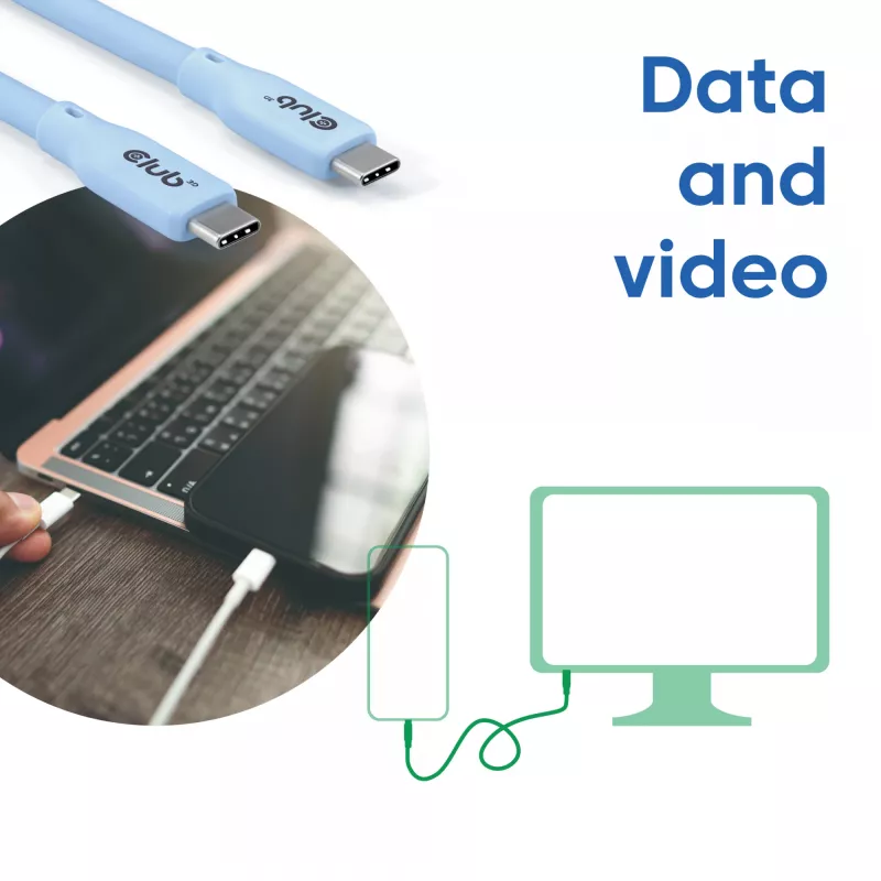 CLUB3D USB-C-kaapeli sininen, 2 m, USB-C, USB-C, USB4 Gen 2x2, 20 Gbit/s, sininen