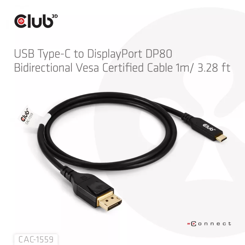 USB Type-C - DisplayPort 2.1 -kaapeli, Club 3D CAC-1559, kaksisuuntainen, VESA DP80 -sertifioitu, 1 m