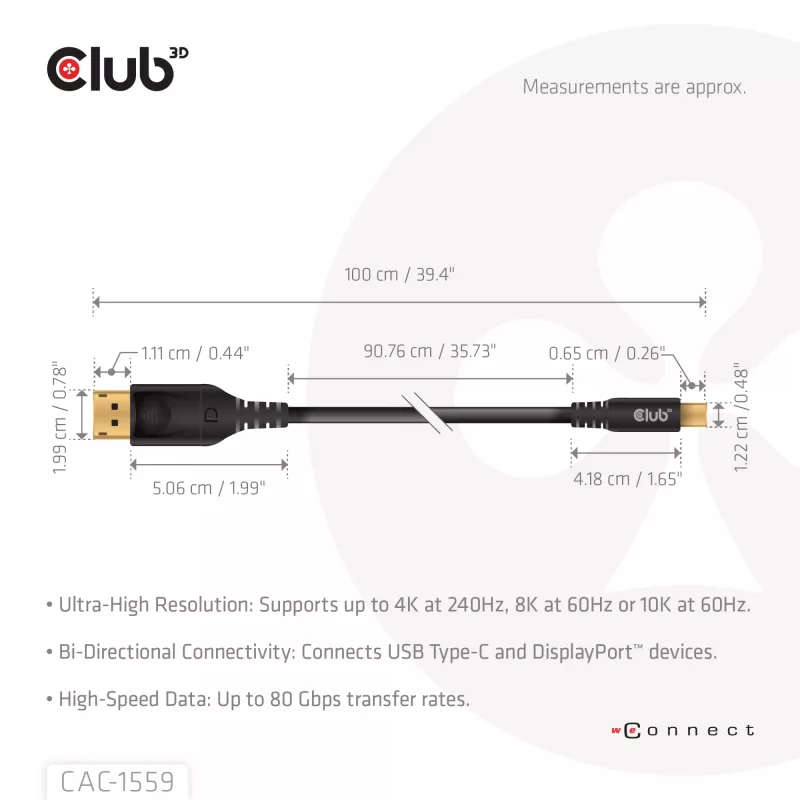 USB Type-C - DisplayPort 2.1 -kaapeli, Club 3D CAC-1559, kaksisuuntainen, VESA DP80 -sertifioitu, 1 m