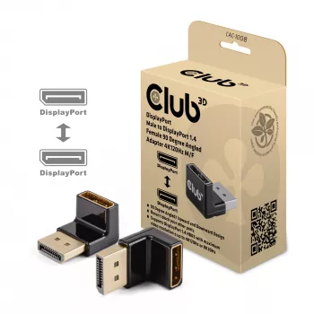 Adapteri club 3D DisplayPort uros - DisplayPort 1.4 naaras 90° kulma, tukee 4K@120Hz