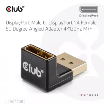 Adapteri club 3D DisplayPort uros - DisplayPort 1.4 naaras 90° kulma, tukee 4K@120Hz