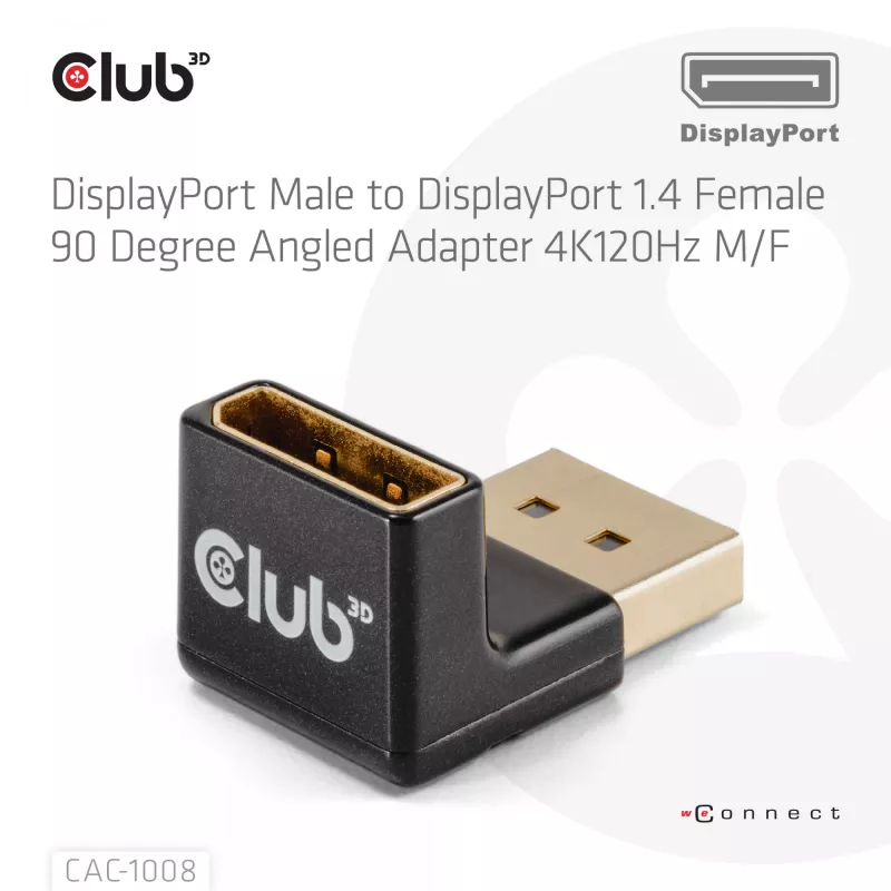 Adapteri club 3D DisplayPort uros - DisplayPort 1.4 naaras 90° kulma, tukee 4K@120Hz