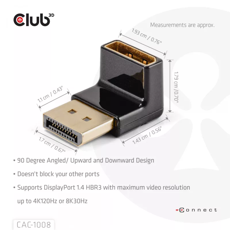Adapteri club 3D DisplayPort uros - DisplayPort 1.4 naaras 90° kulma, tukee 4K@120Hz