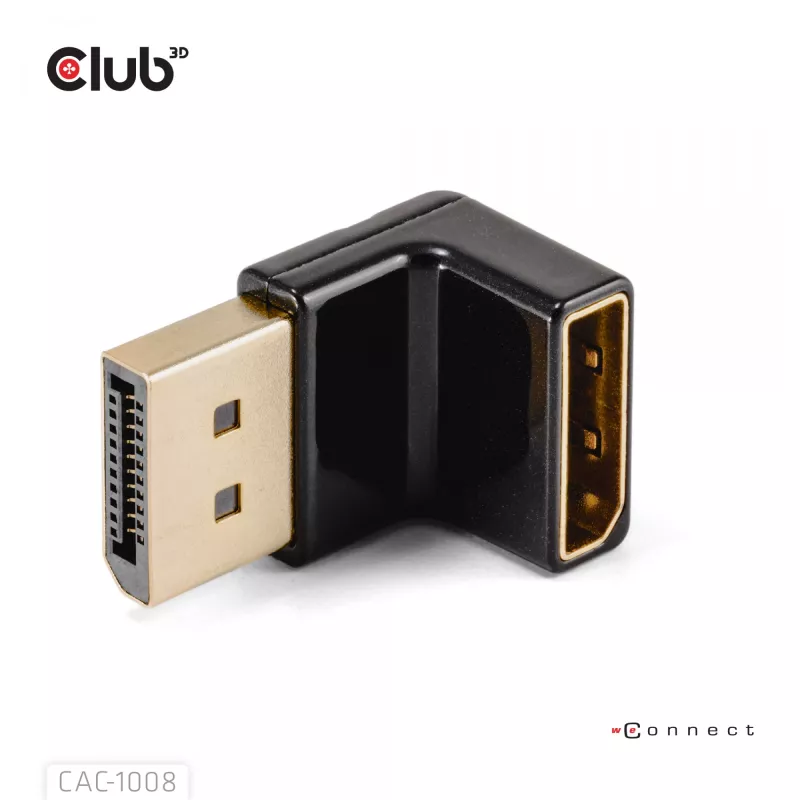 Adapteri club 3D DisplayPort uros - DisplayPort 1.4 naaras 90° kulma, tukee 4K@120Hz