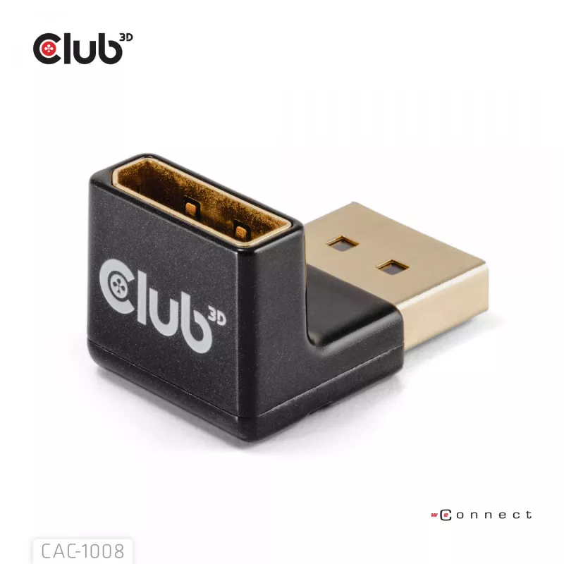Adapteri club 3D DisplayPort uros - DisplayPort 1.4 naaras 90° kulma, tukee 4K@120Hz