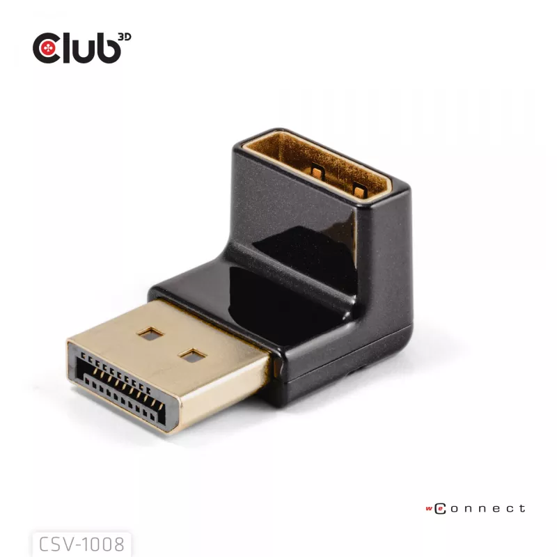 Adapteri club 3D DisplayPort uros - DisplayPort 1.4 naaras 90° kulma, tukee 4K@120Hz