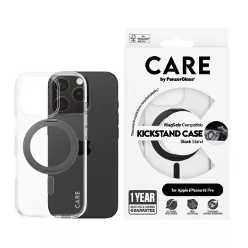 PanzerGlass CARE™ by ® Case läpinäkyvä mustalla Kickstand-telineellä & MagSafe iPhone 16 Pro