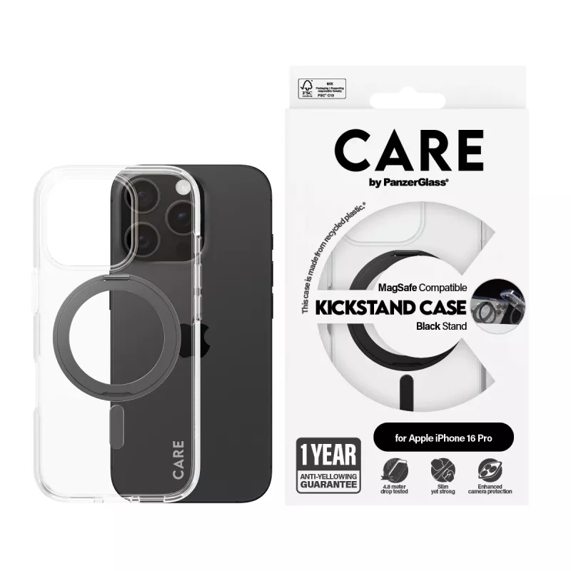 PanzerGlass CARE™ by ® Case läpinäkyvä mustalla Kickstand-telineellä & MagSafe iPhone 16 Pro