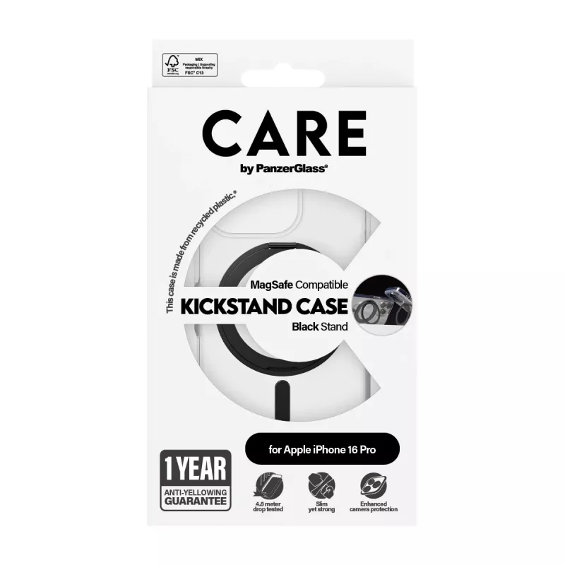 PanzerGlass CARE™ by ® Case läpinäkyvä mustalla Kickstand-telineellä & MagSafe iPhone 16 Pro