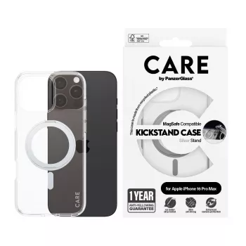 PanzerGlass CARE™ by ® Case läpinäkyvä hopeisella Kickstand-telineellä & MagSafe iPhone 16 Pro Max