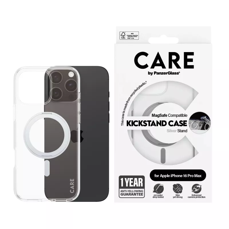 PanzerGlass CARE™ by ® Case läpinäkyvä hopeisella Kickstand-telineellä & MagSafe iPhone 16 Pro Max