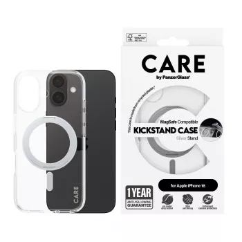 PanzerGlass CARE™ by ® Case läpinäkyvä hopeisella Kickstand-telineellä & MagSafe iPhone 16