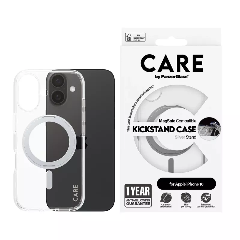 PanzerGlass CARE™ by ® Case läpinäkyvä hopeisella Kickstand-telineellä & MagSafe iPhone 16