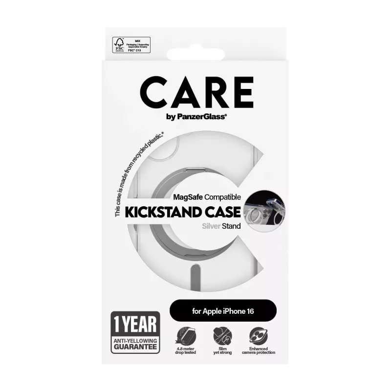 PanzerGlass CARE™ by ® Case läpinäkyvä hopeisella Kickstand-telineellä & MagSafe iPhone 16