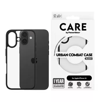 PanzerGlass CARE™ by ® Urban Combat -kotelo läpinäkyvä mustalla kehyksellä iPhone 16