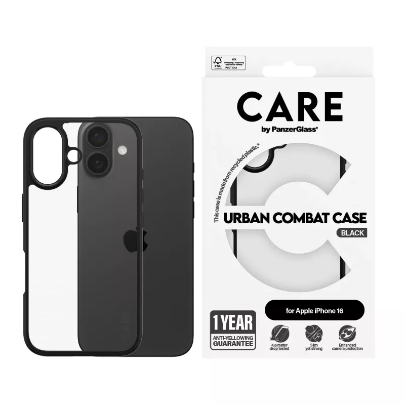 PanzerGlass CARE™ by ® Urban Combat -kotelo läpinäkyvä mustalla kehyksellä iPhone 16